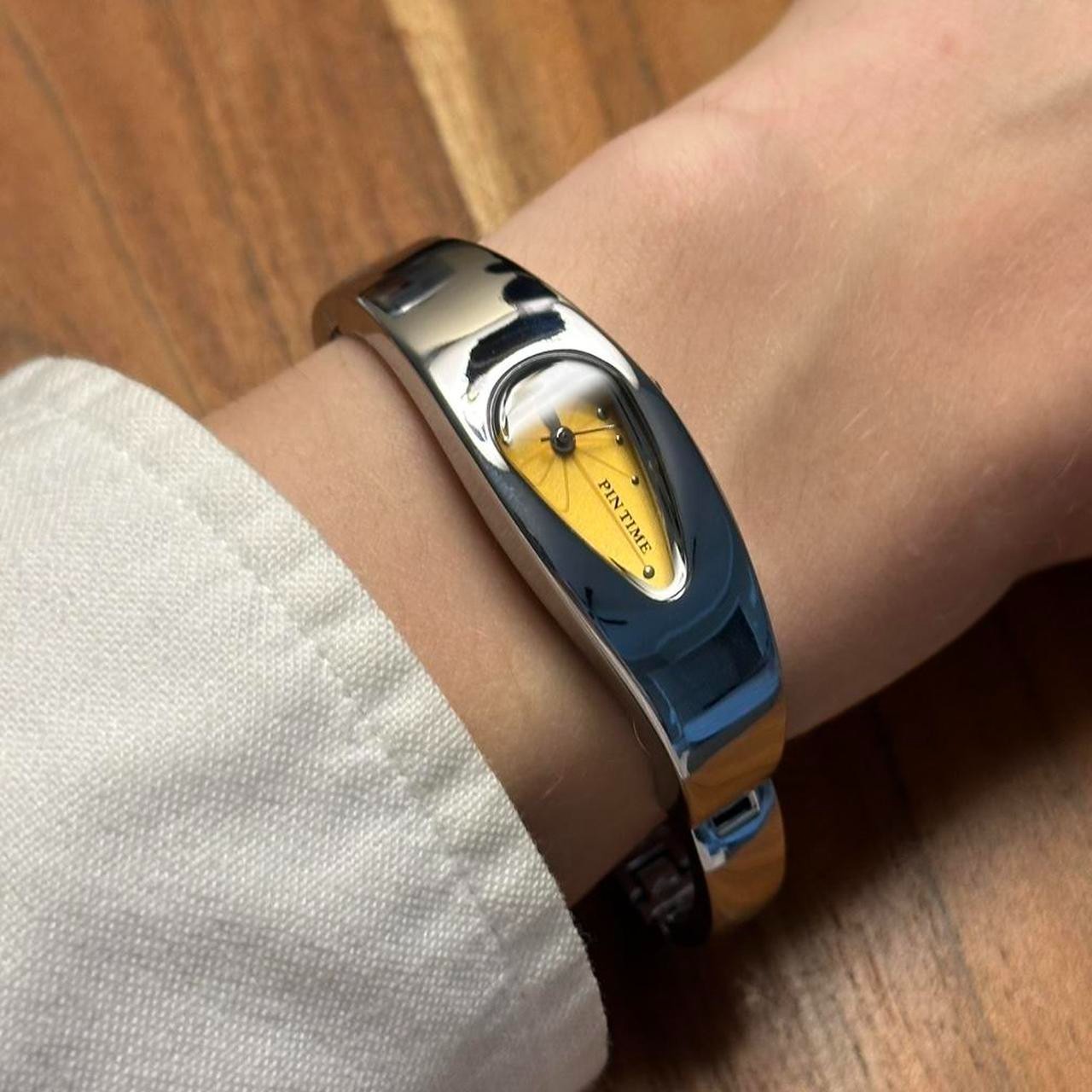 Silver Bracelet Watch Y2K Futuristic Teardrop Gold Dial Stainless Steel Unisex