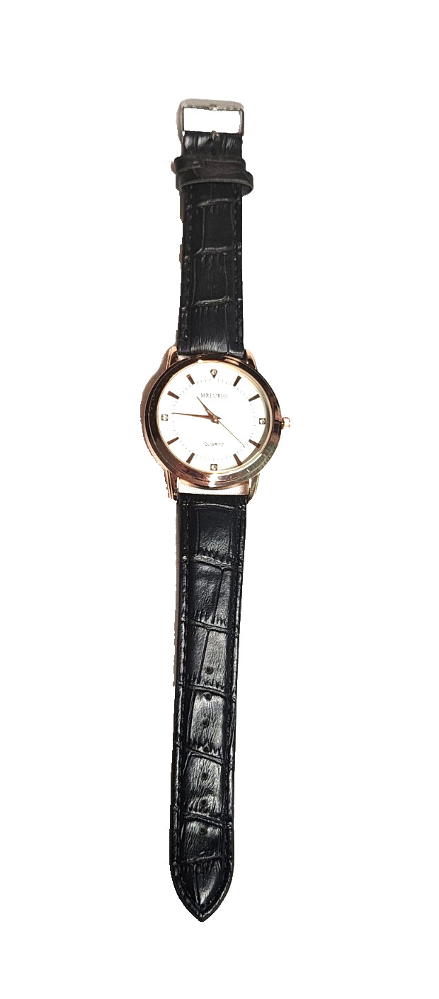 Mreurio Watch White Rhinestones Rose Gold Tone Quartz Black Leather EET8599-RG