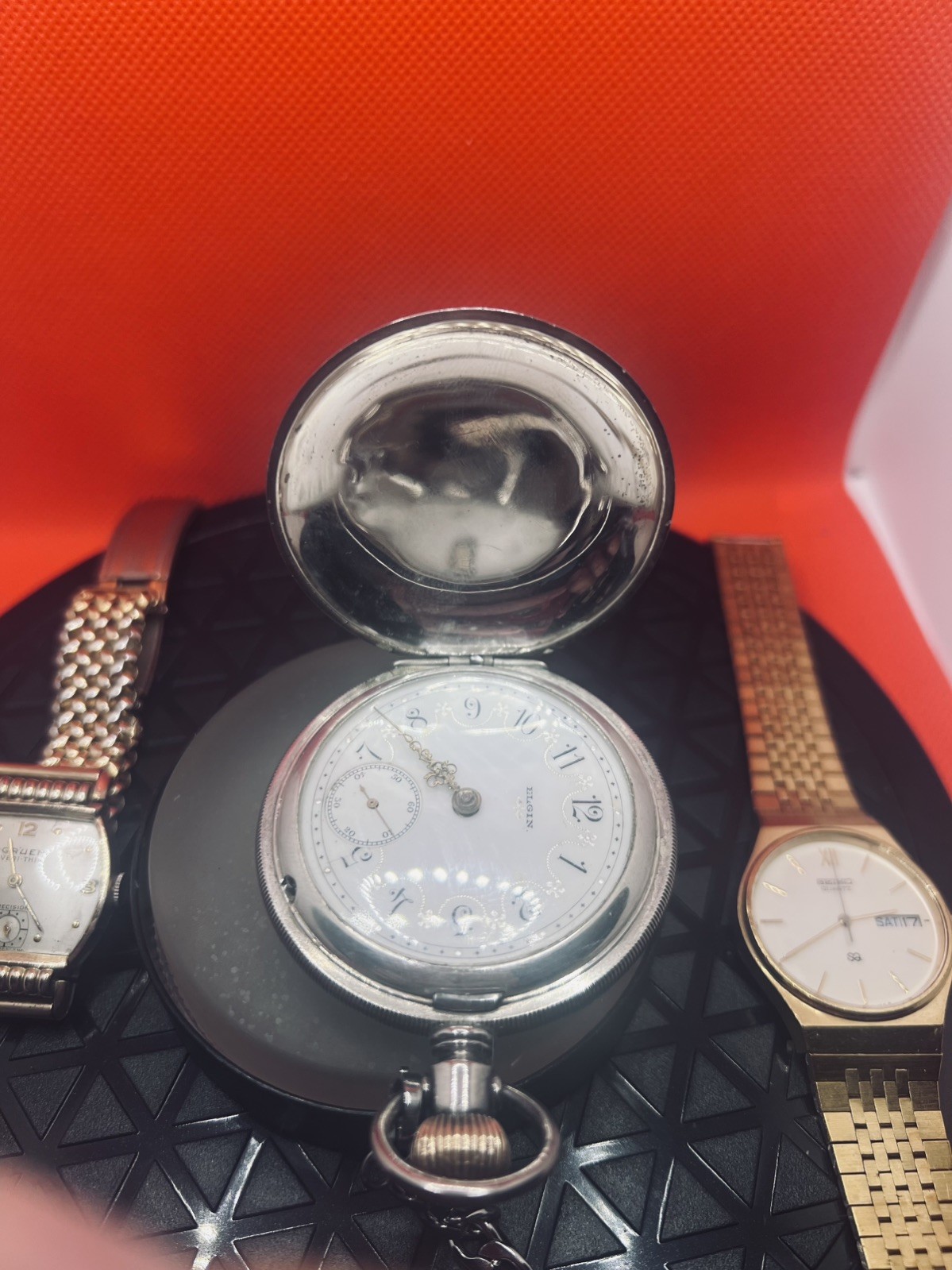 ANTIQUE ELGIN Sterling SILVER HUNTER POCKET WATCH + Stainless Steel Chain