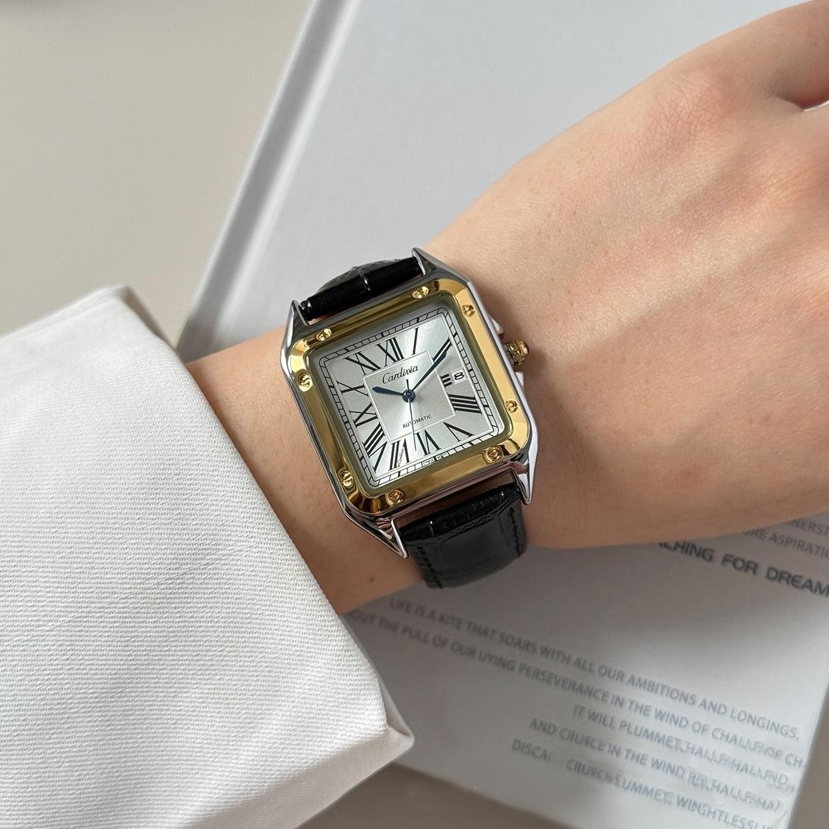 Men’s Square Quartz Watch Roman Numeral Leather Strap Date Waterproof Dress