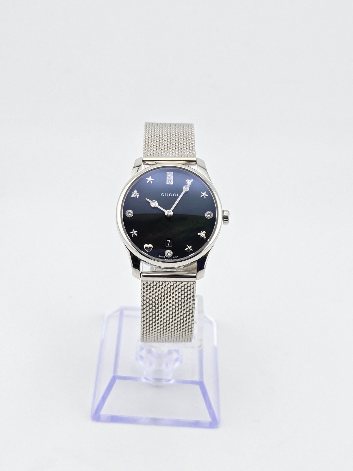 Gucci G-Timeless YA1265001 Women’s Mesh bracelet Black MOP Dial Watch ⌚