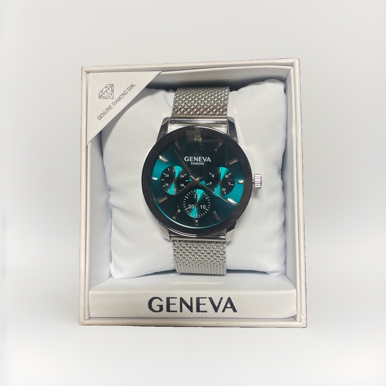 Geneva 42 Mm Silver Tone Diamond Accent Mesh Watch, Men’s, Teal Dial face-