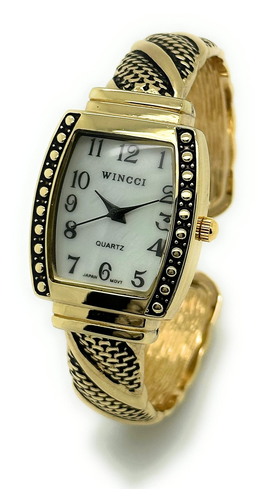 Ladies Square Antique Modern Metal Bangle Cuff Fashion Watch Pearl Dial (Gold)