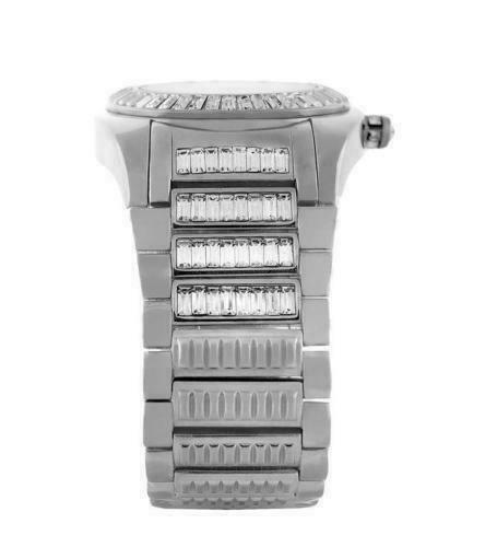 FULL ICY CELEBRITY WEAR WHITE GOLD TONE SIMU DIAMOND BAGUETTE SWISS CUSTOM WATCH