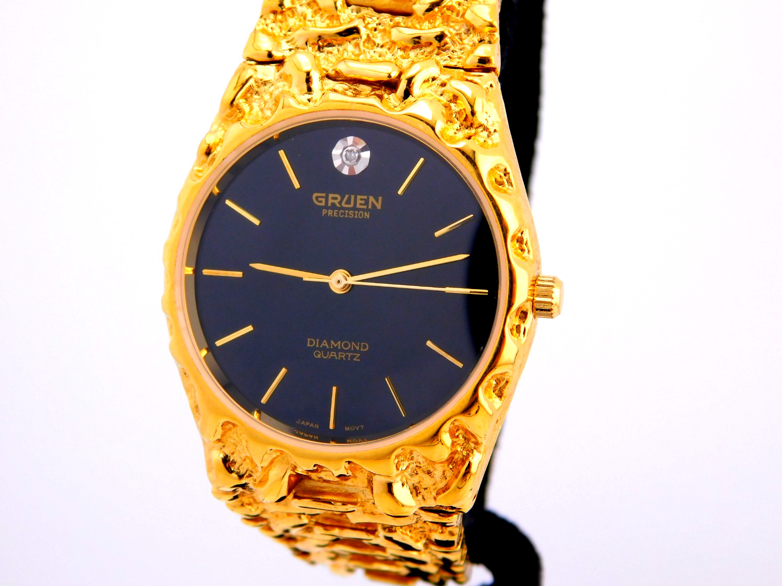 GRUEN PRECISION DIAMOND QUARTZ BLACK DIAL GP NUGGET STYLE MENS WRISTWATCH 90s