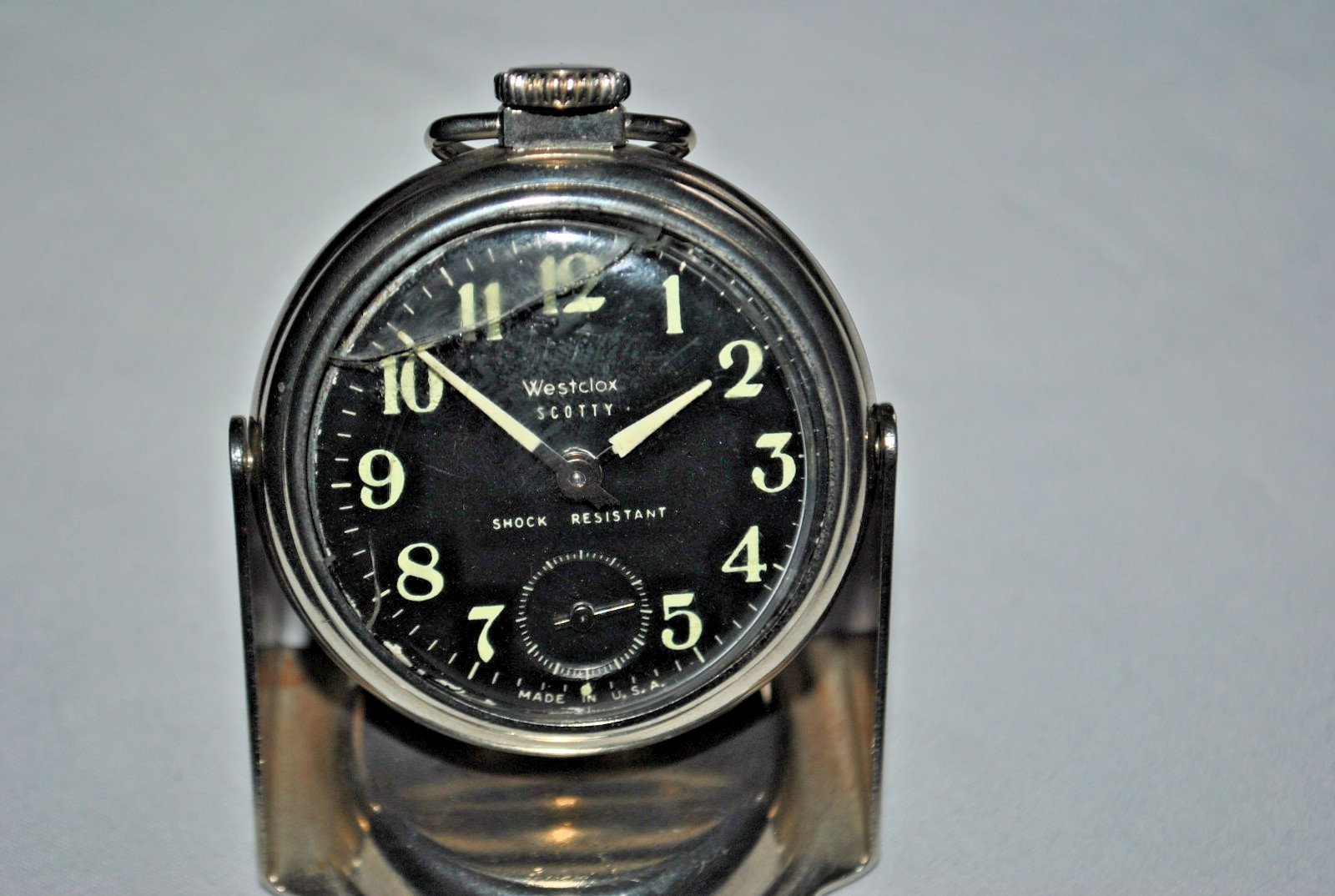 Westclox Scotty Pocket Watch Black Luminous Dial USA Magentic Stand & Chain read