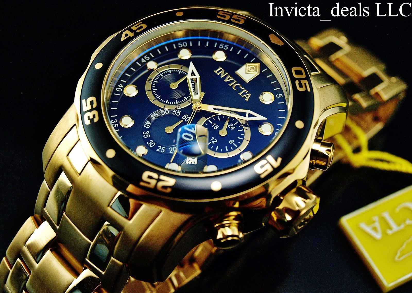 Invicta Men 48mm Pro Diver SCUBA Chronograph Black Dial 18k Gold Plated SS Watch