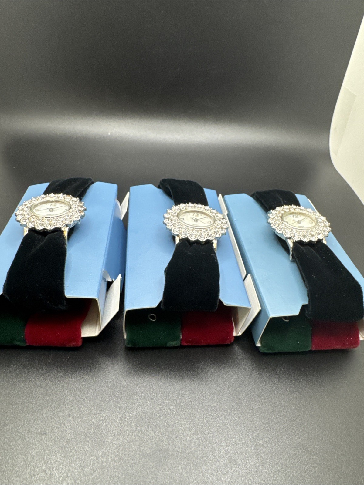 3 Rhinestone Quartz Watches Crystal Bezel Velvet Bands Red Green Black Lot