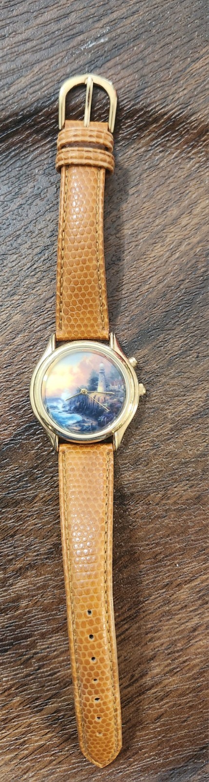 THOMAS KINKADE Collectible Light House Gold Tone Watch Leather Band Not Tested