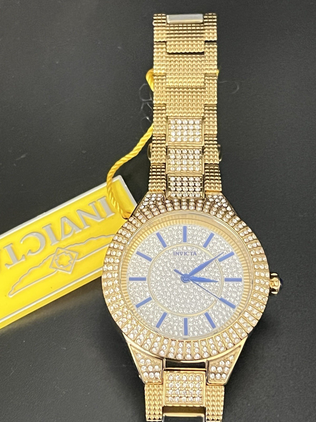 Invicta Luxury Gold Gem-Set Analog Wristwatch Silver Dial Bracelet