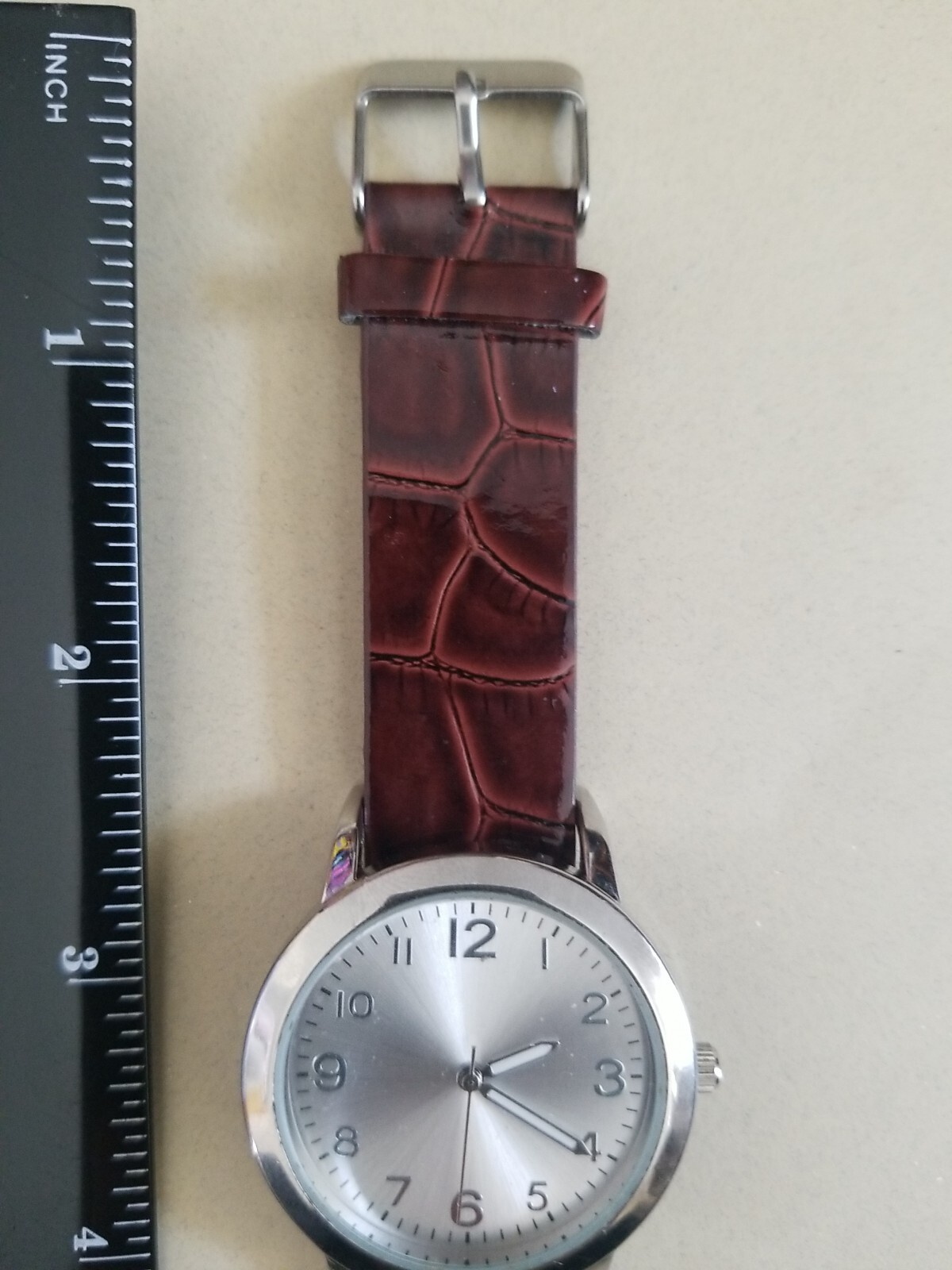 Analog Watch Brown Alligator Print Leather Band Stainless Steel Back