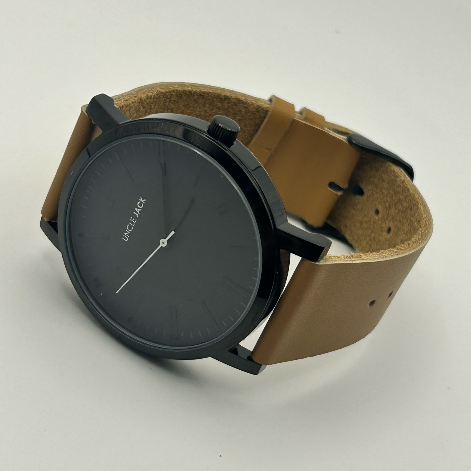Uncle Jack Black Case Tan Genuine Leather Men’s Minimalist Watch New Battery