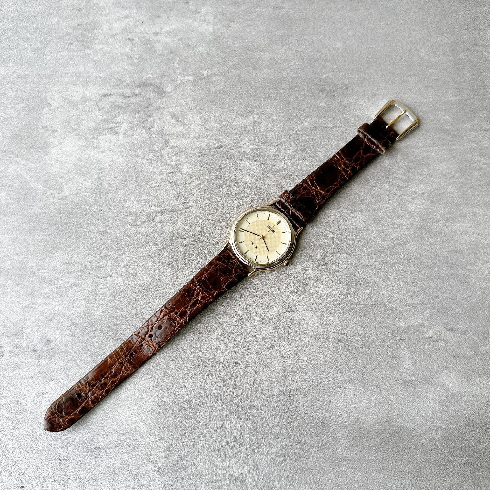 SEIKO Dolce 5E31 6D60 Gold Combination Ivory Dial Men’s Quartz Dress Watch Leath