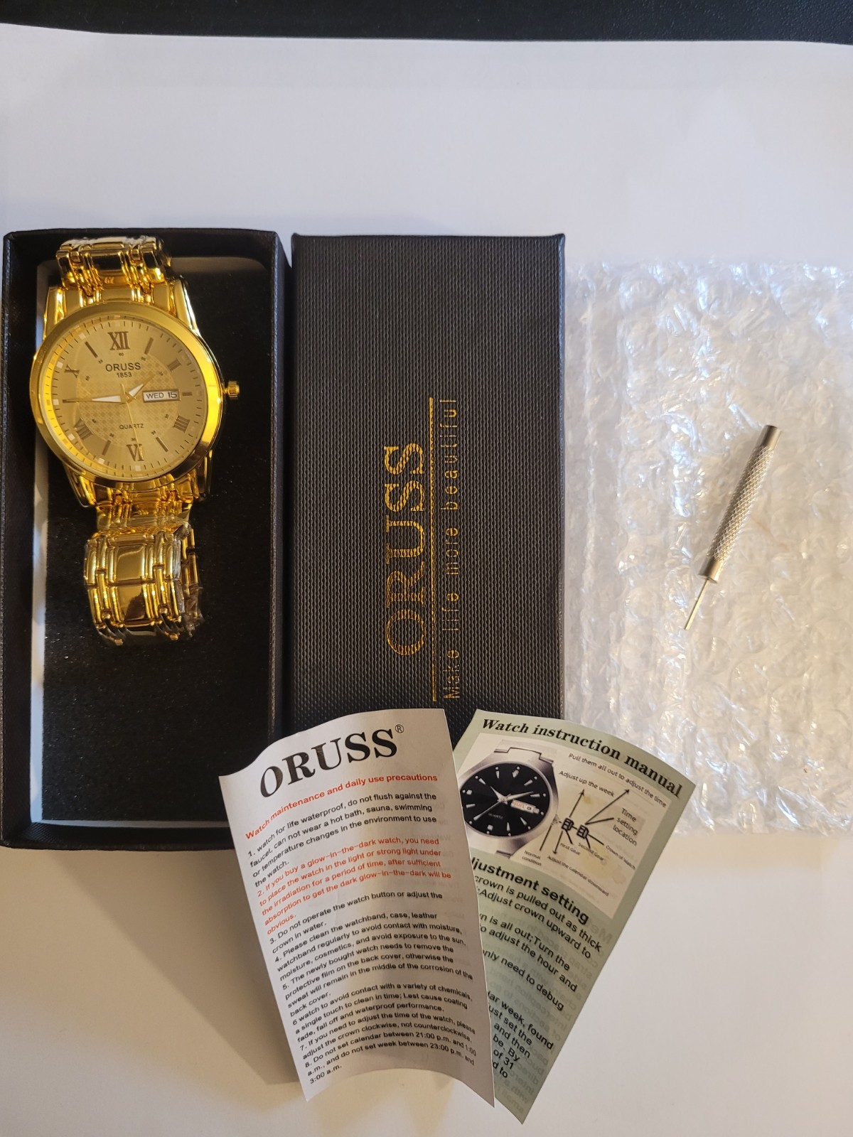 ORUSS 1853 Quartz Analog Gold-Tone Day/Date Arabic Dial watch with Box Manual