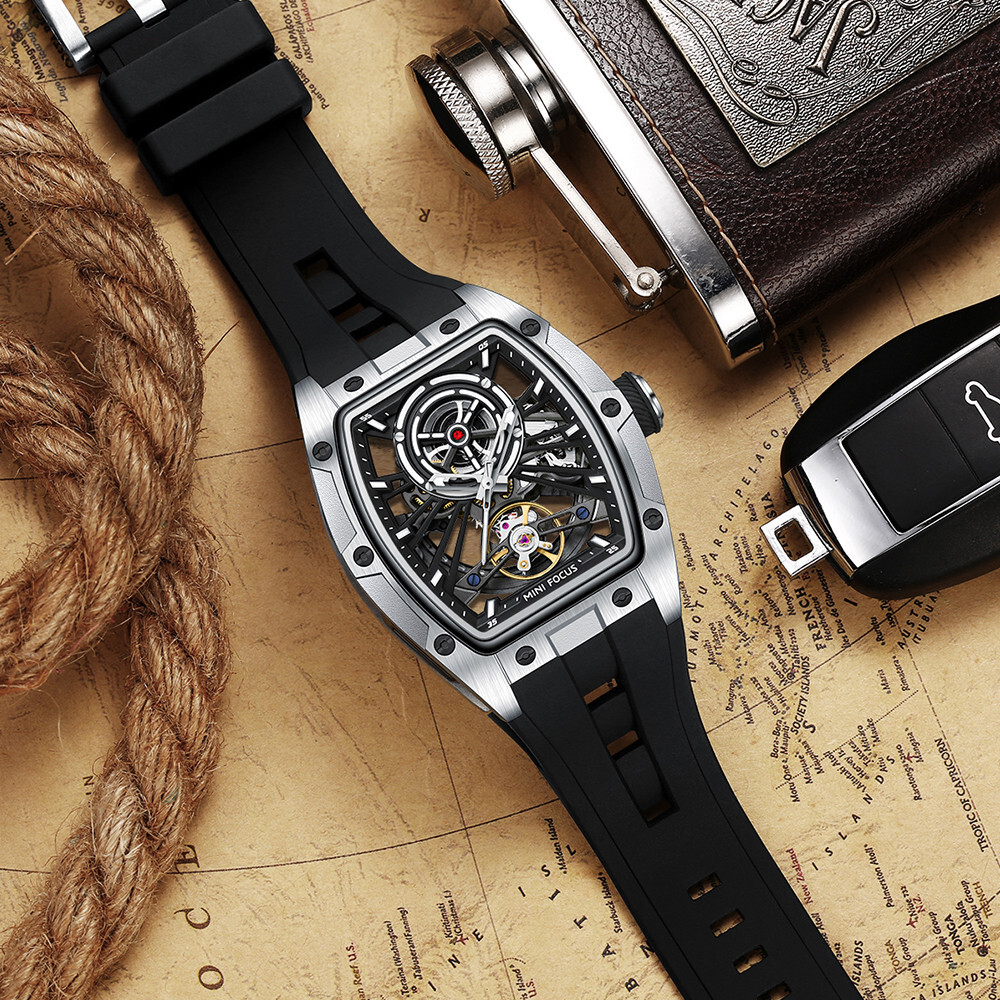 MINI FOCUS Men Mechanical Watch Automatic Hollow Out Male Rectangle Wristwatch