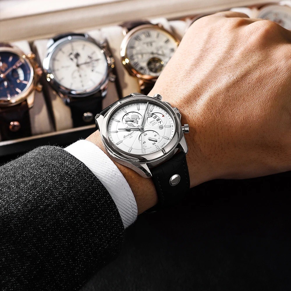 POEDAGAR Luxury Man Wristwatch Chronograph Date Waterproof Leather Men Watch Cas
