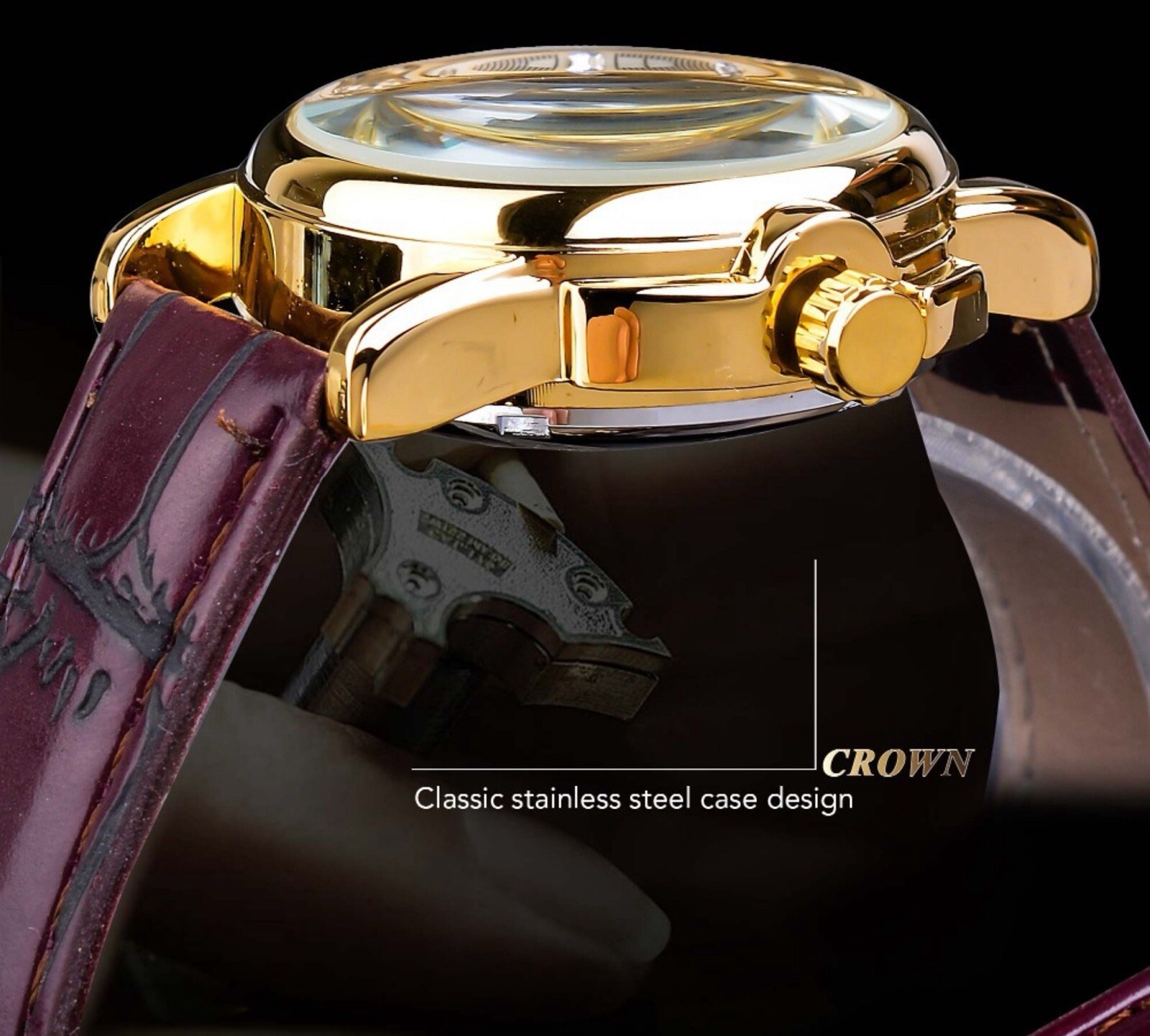 Womens Automatic Transparent Skeleton Luxury Leather Band Ladies Watch Gift Idea