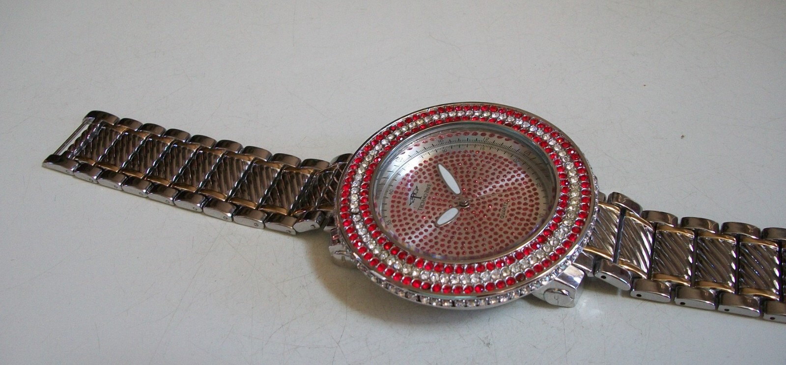 Men’s Gold & Silver Finish Clear & Red Bling Fashion Dress Up Party Watch