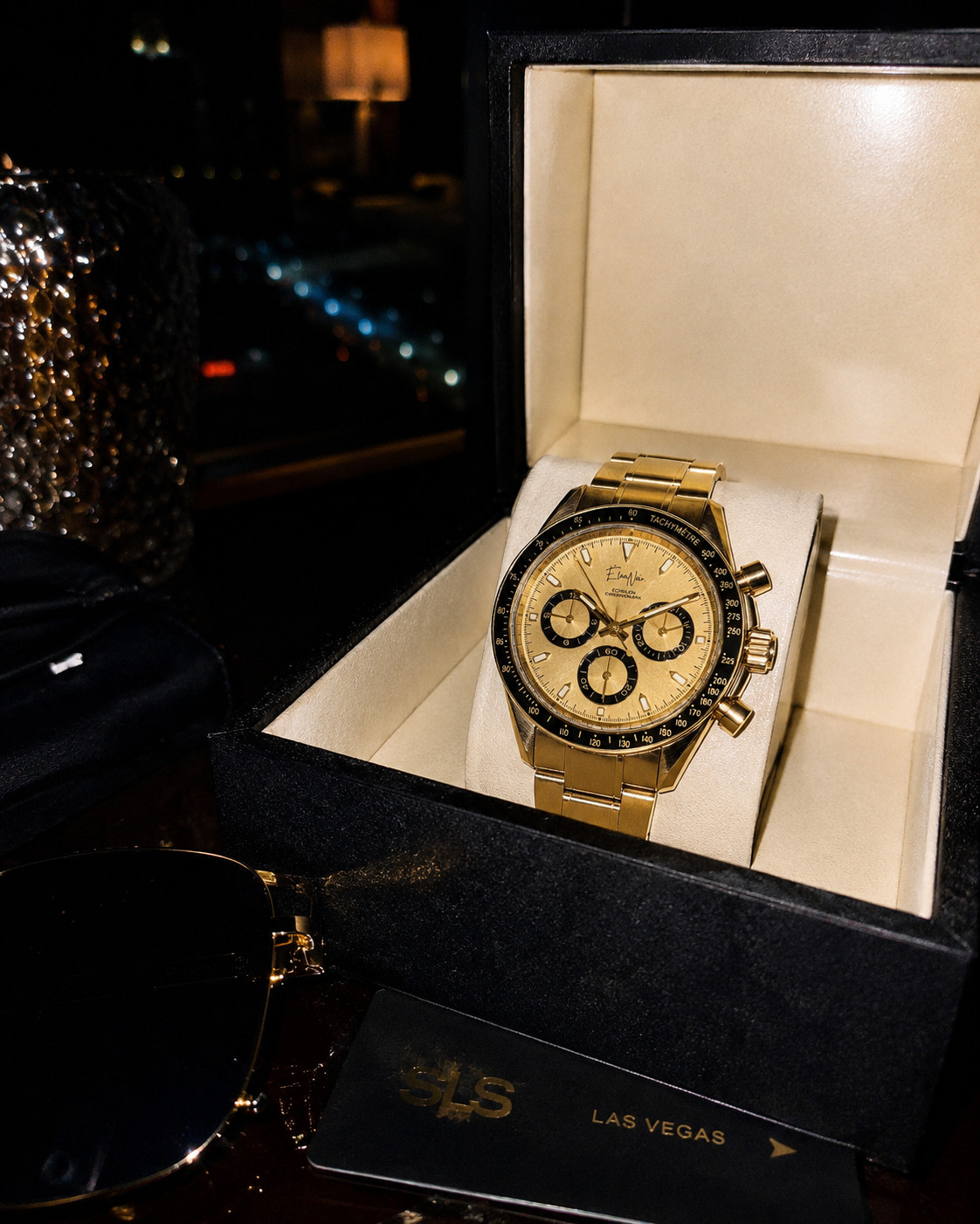 Élan Noir Chronograph Watch VK63 Gold Dial Sapphire Crystal Steel 40mm