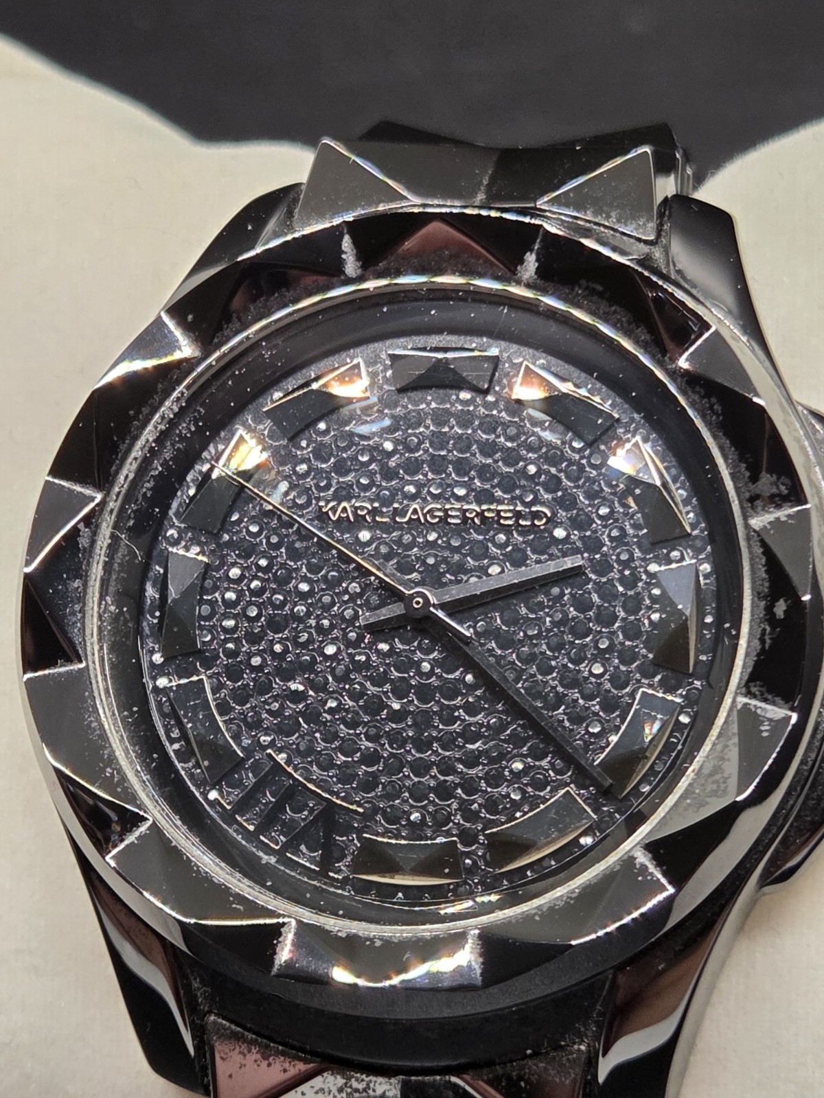 Rare Karl Lagerfeld Stainless Black Pyramid Stud Analog KL-1027 Watch AS IS