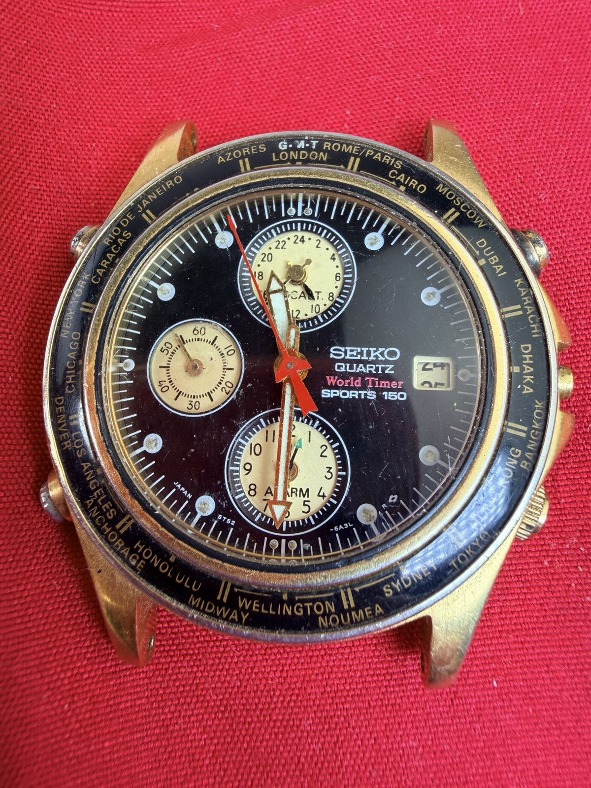 Vtg Seiko Sports 150 World Timer Alarm 5T52-6A40 Quartz Watch Parts Japan