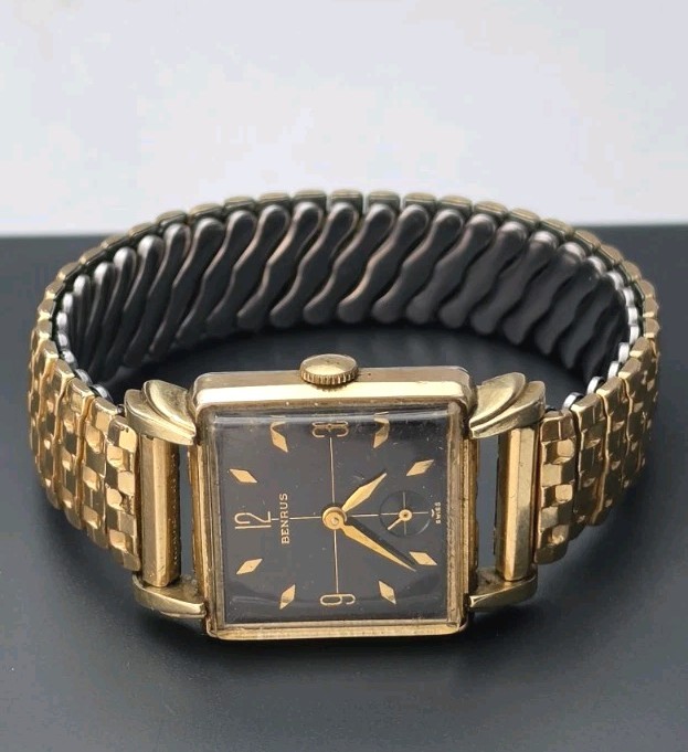 Benrus Vintage 1940s Manual Wind Rectangular Dress Watch Black Dial Gold