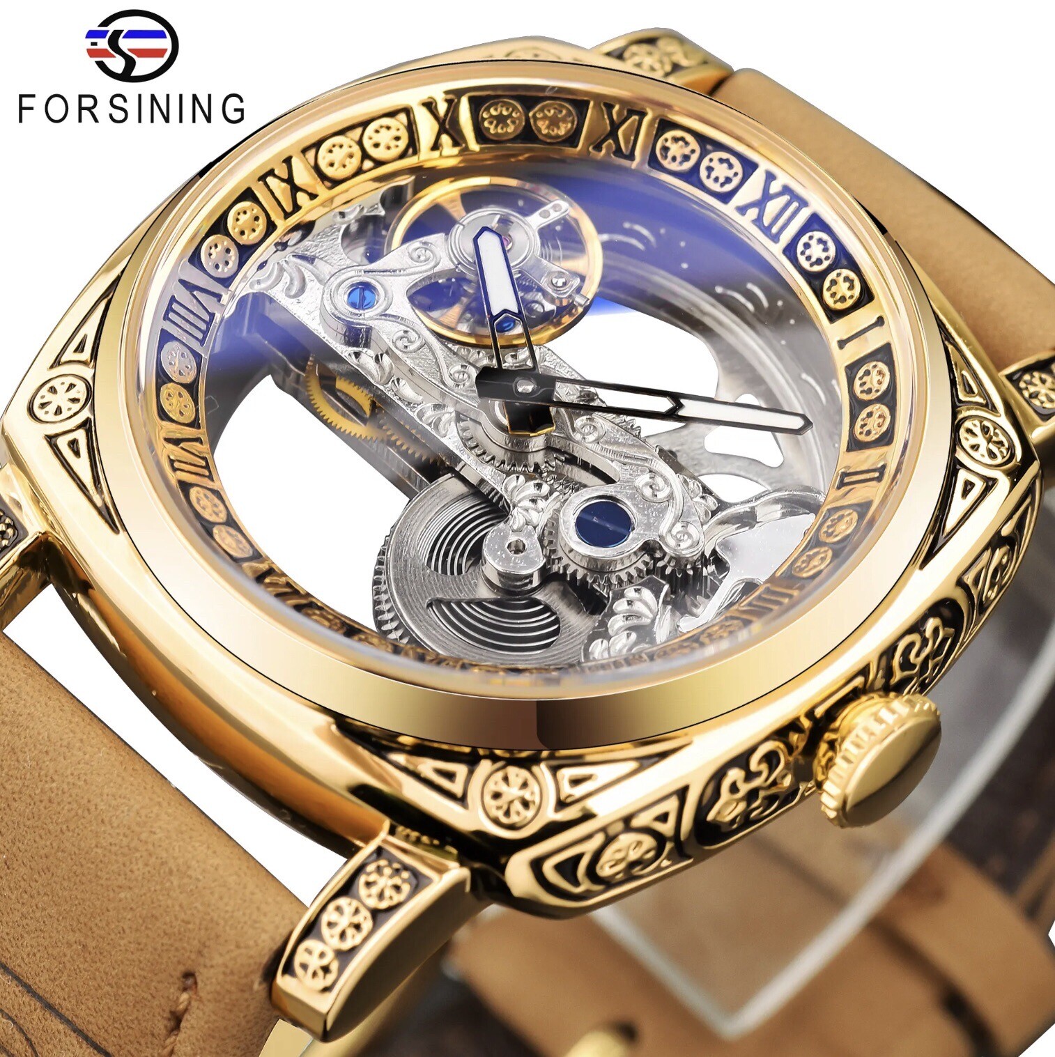 Forsining Men’s Automatic Square Retro Carved Skeleton Luxury Waterproof Watch