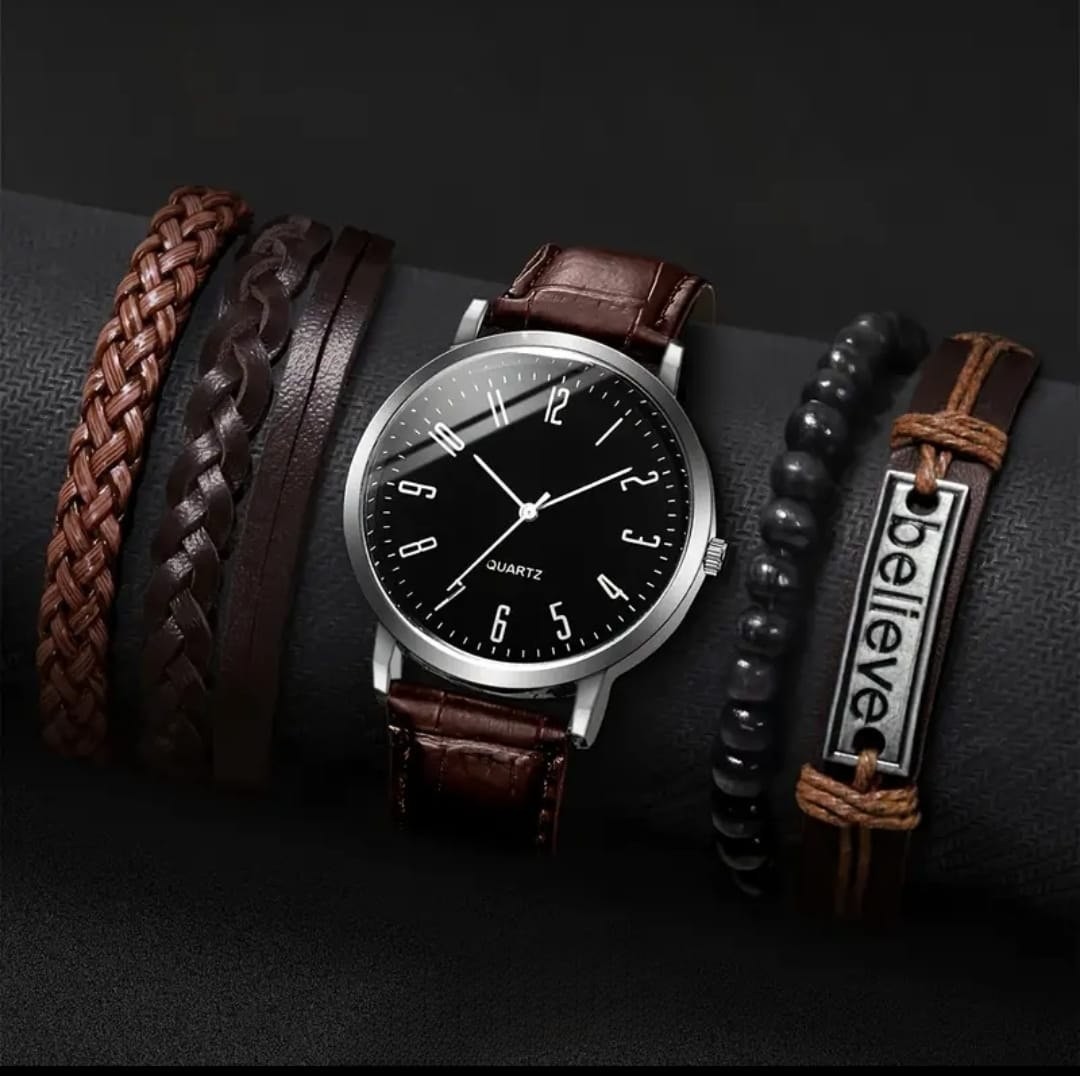 Mens Casual Quartz Watch Leather Strap with Matching Bracelet Gift Set Box