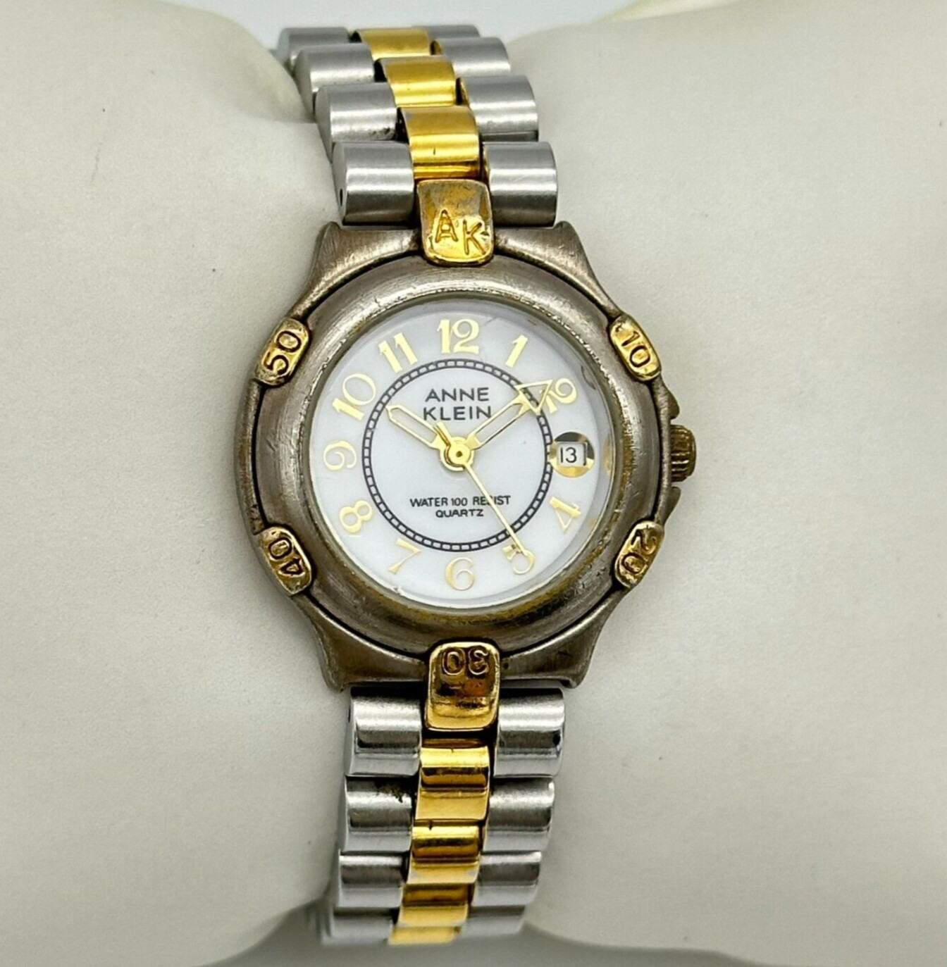 Ladies ANNE KLEIN Two-Tone Steel Bracelet Watch, White Dial, Date, Runs 11/7868