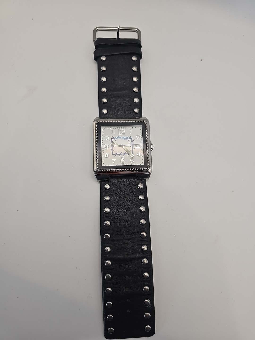 Montana Silversmiths black leather stud square face barbed wire wrist watch