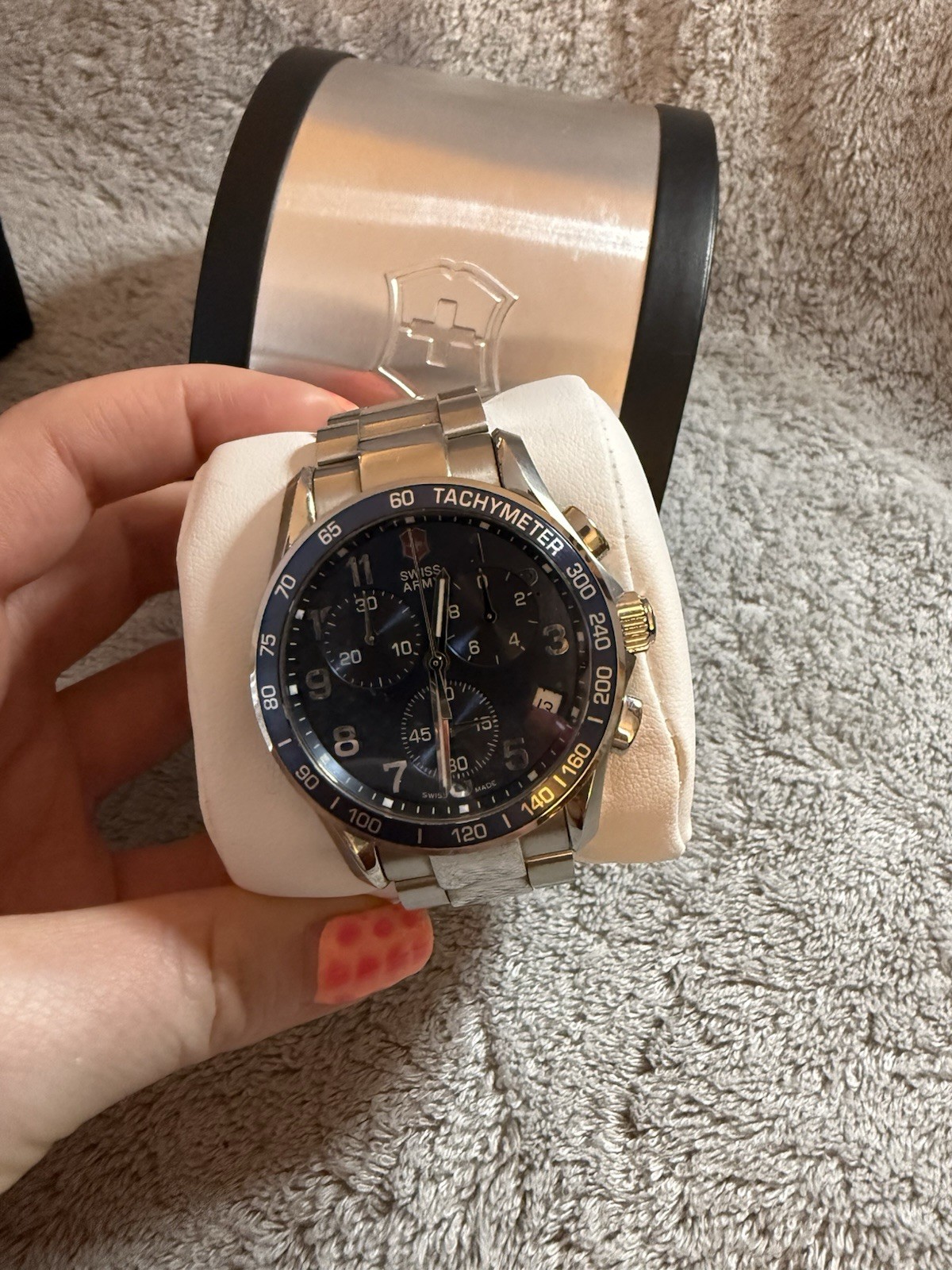 Swiss Army Chronograph Chrono Tachymeter Date Black Dial Blue Bezel SS Quartz
