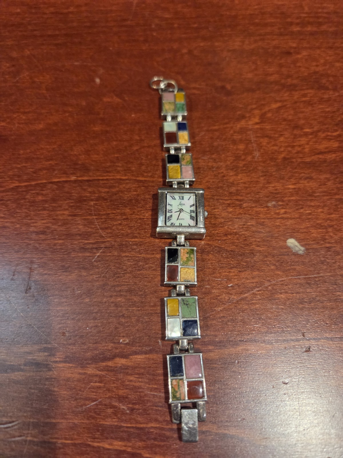 Vintage Aria Sterling Silver Multi Stone Inlay Mosaic Watch MOP Dial .925 1990’s