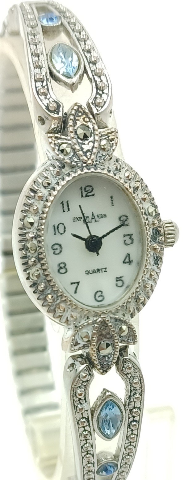 LA Express Silver Tone Crystal Bracelet Watch Blue Accent Stones New Battery ✔️