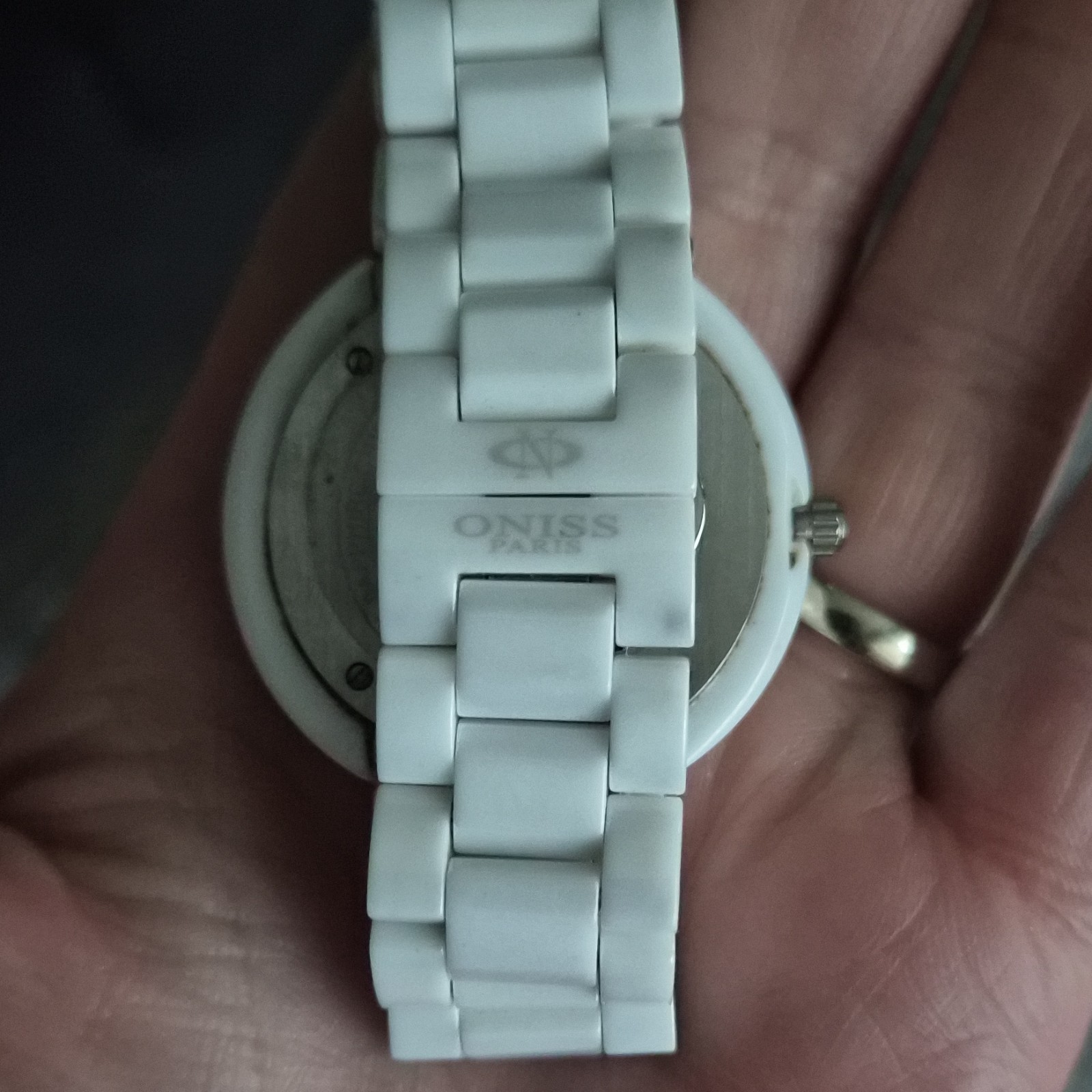 Oniss Quartz Mother-of-Pearl Dial Day/Date White Ceramic Bracelet Watch
