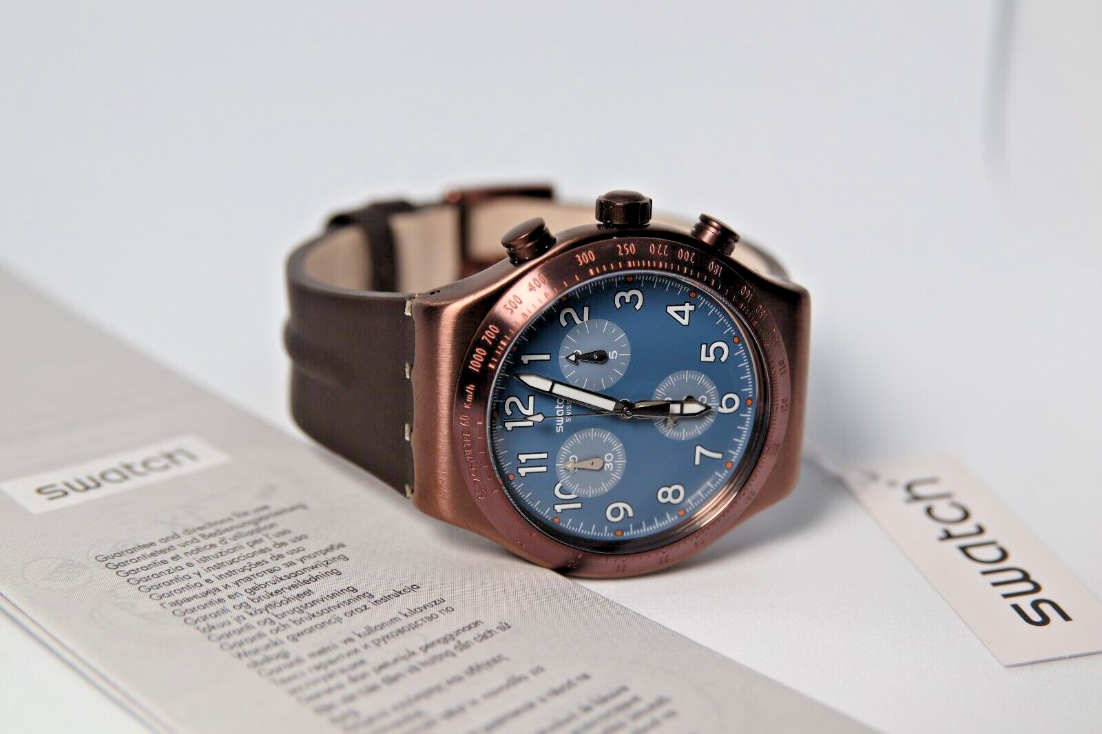 SWATCH+IRONY NEW CHRONO YVC100 BACK TO COPPER 43MM NEW BLUE GRAY DIAL GLOW