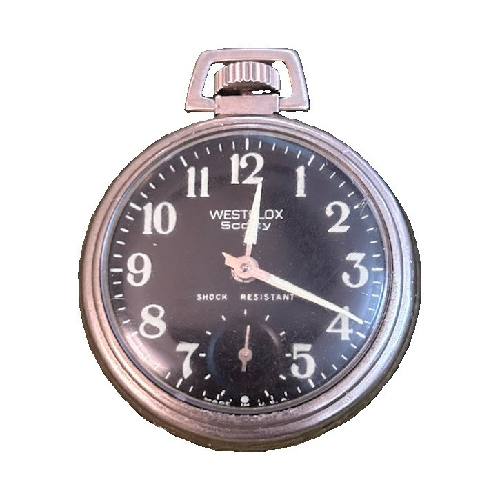 Vintage Westclox Scotty Pocket Watch Black Luminous Dial Hand Wind USA – WORKING