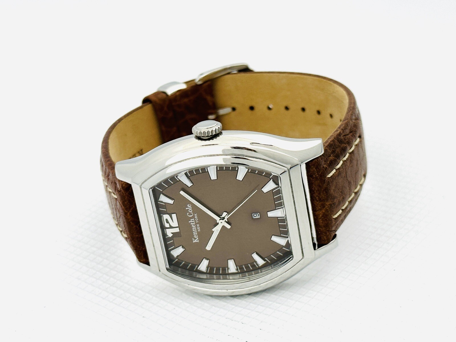 Kenneth Cole KC1273 Men’s Barrel / Tonneau Shape Brown Dial &Leather Strap Watch