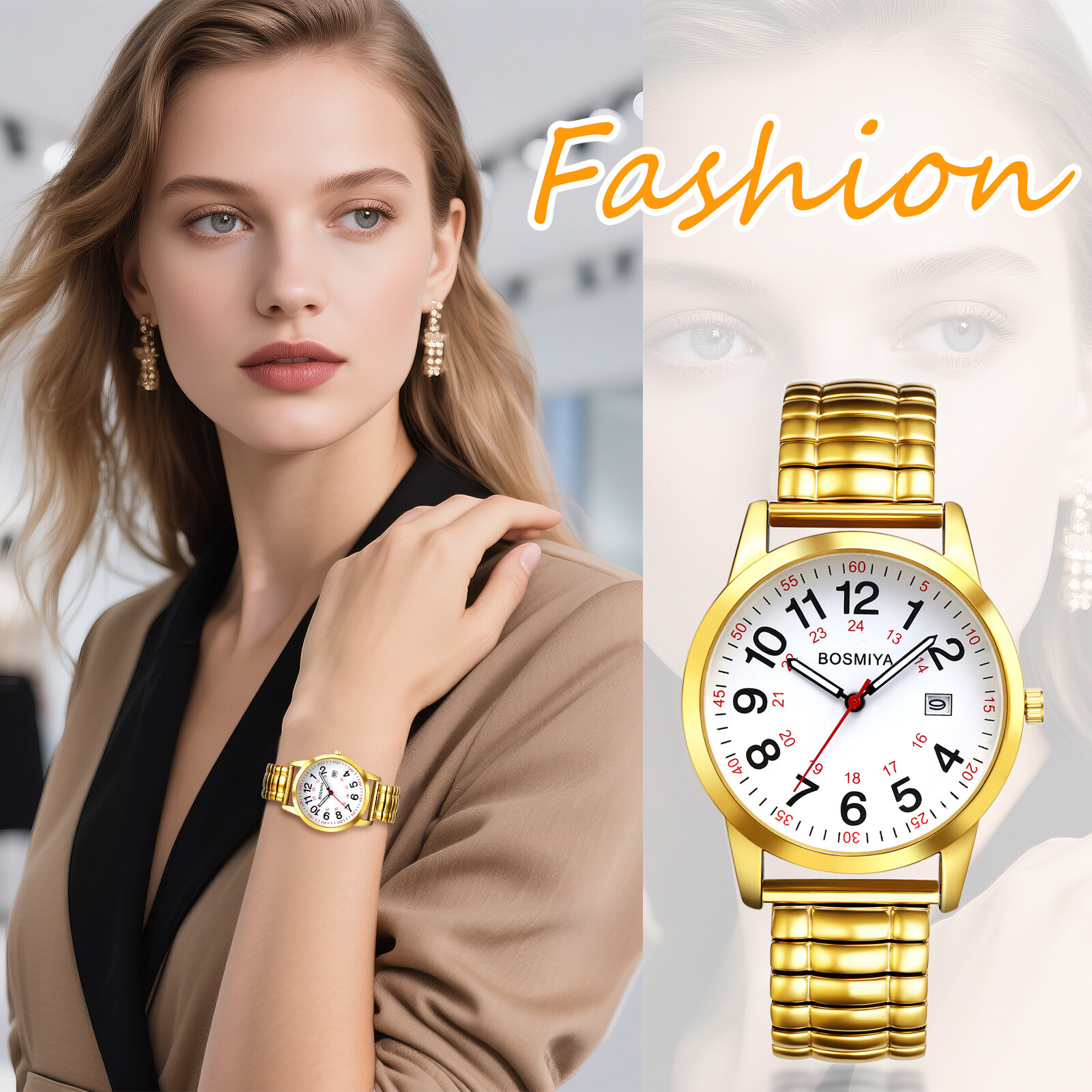 Women Men 12H/24H Big Dial Easy Reader Date Dial Elastic Band Quartz Wrist Watch