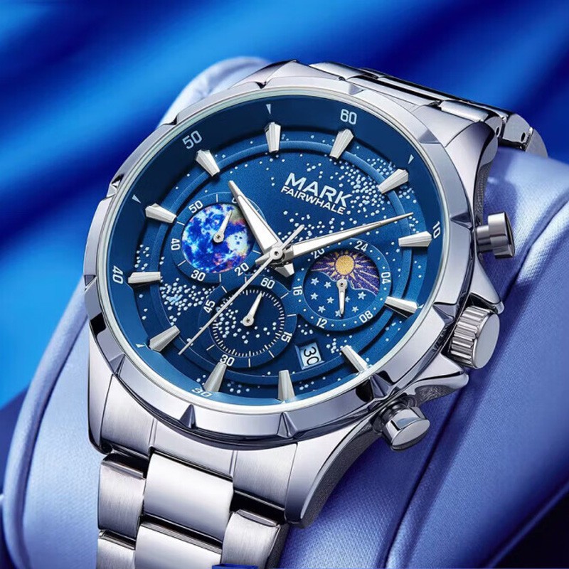 MARK FAIRWHALE Cosmic Stars Moon Phase Calendar Luminous Waterproof Quartz Watch