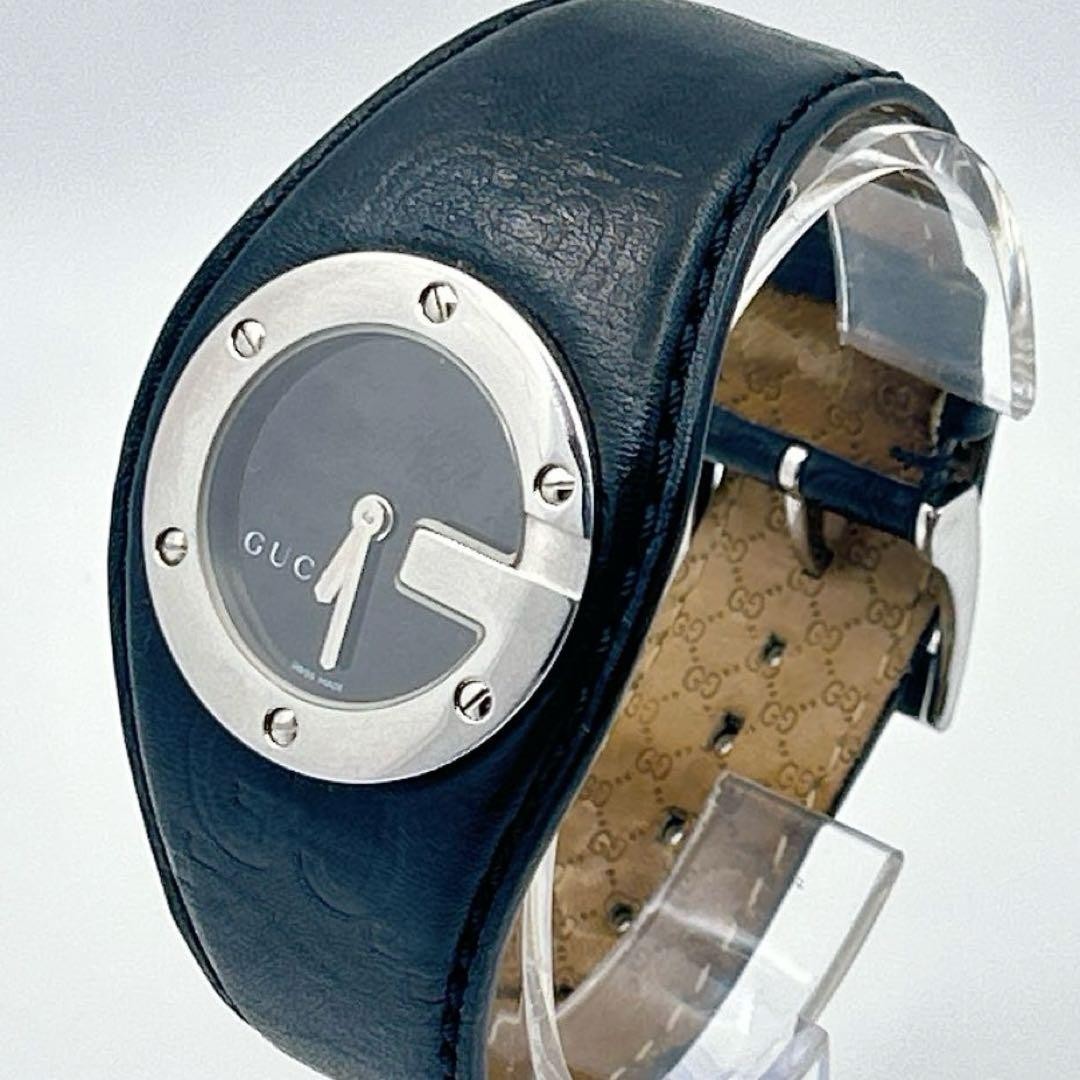 GUCCI 104 G Bangle Watch Stainless Leather Size 6.1-7.1in Black Dial Luxury