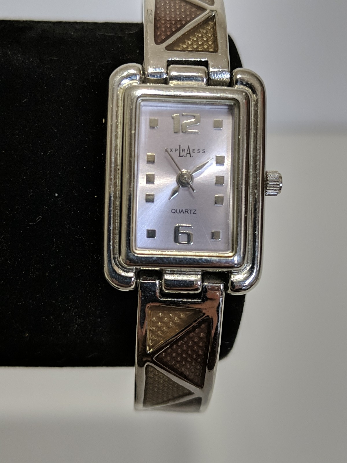 L.A. Express Ladies Watch NWOT Square Face Silver Tone Tan Brown Accents Unworn