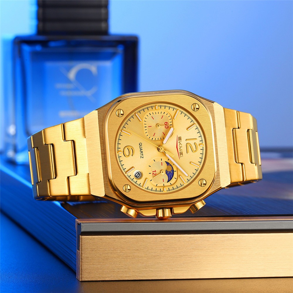 SKMEI Men Quartz Watch Multifunction Stopwatch Gold Steel Wristwatch Male Watch