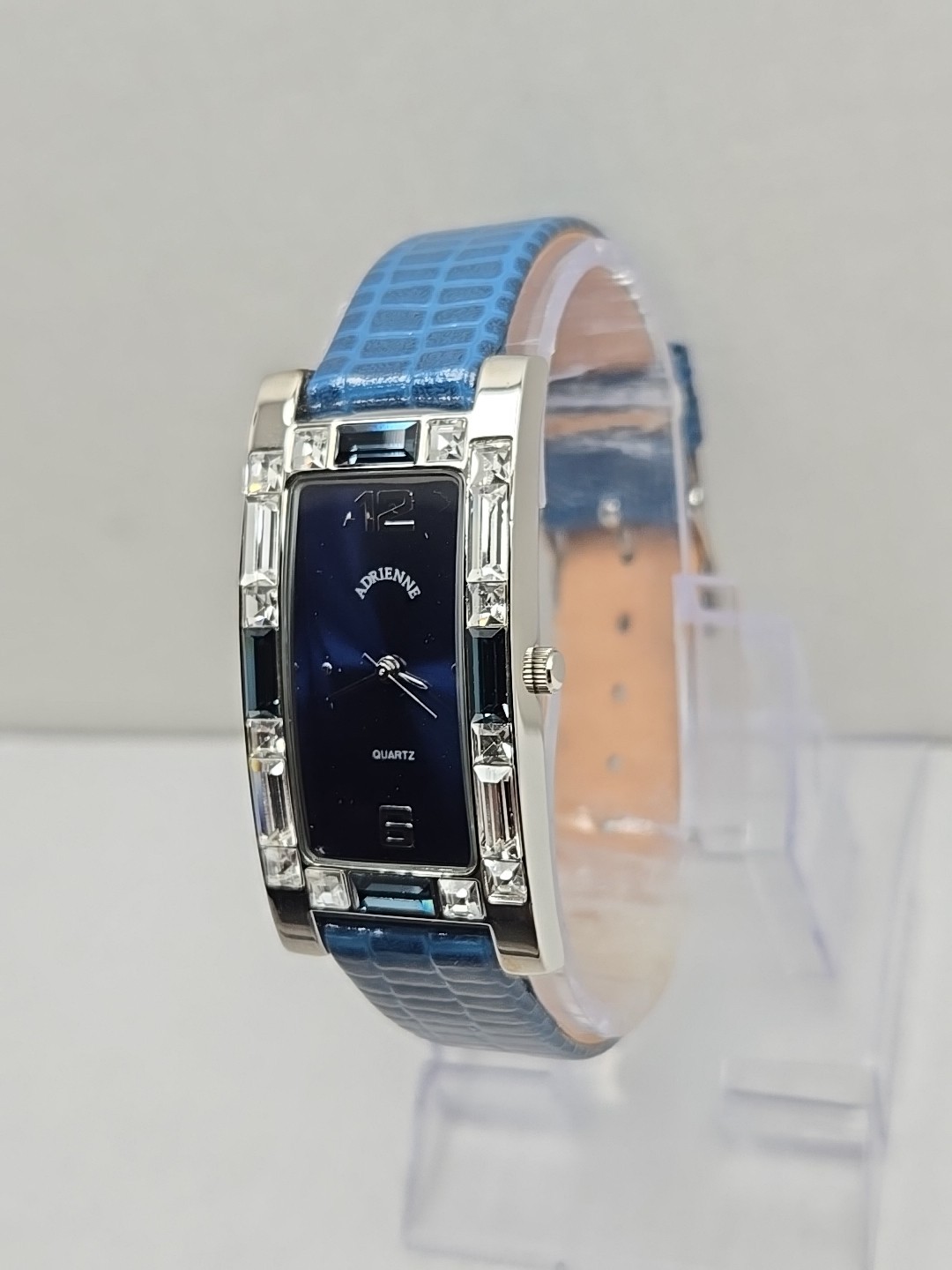 Adrienne Crystal Bezel Blue Alligator Leather Strap Womens Watch New Battery