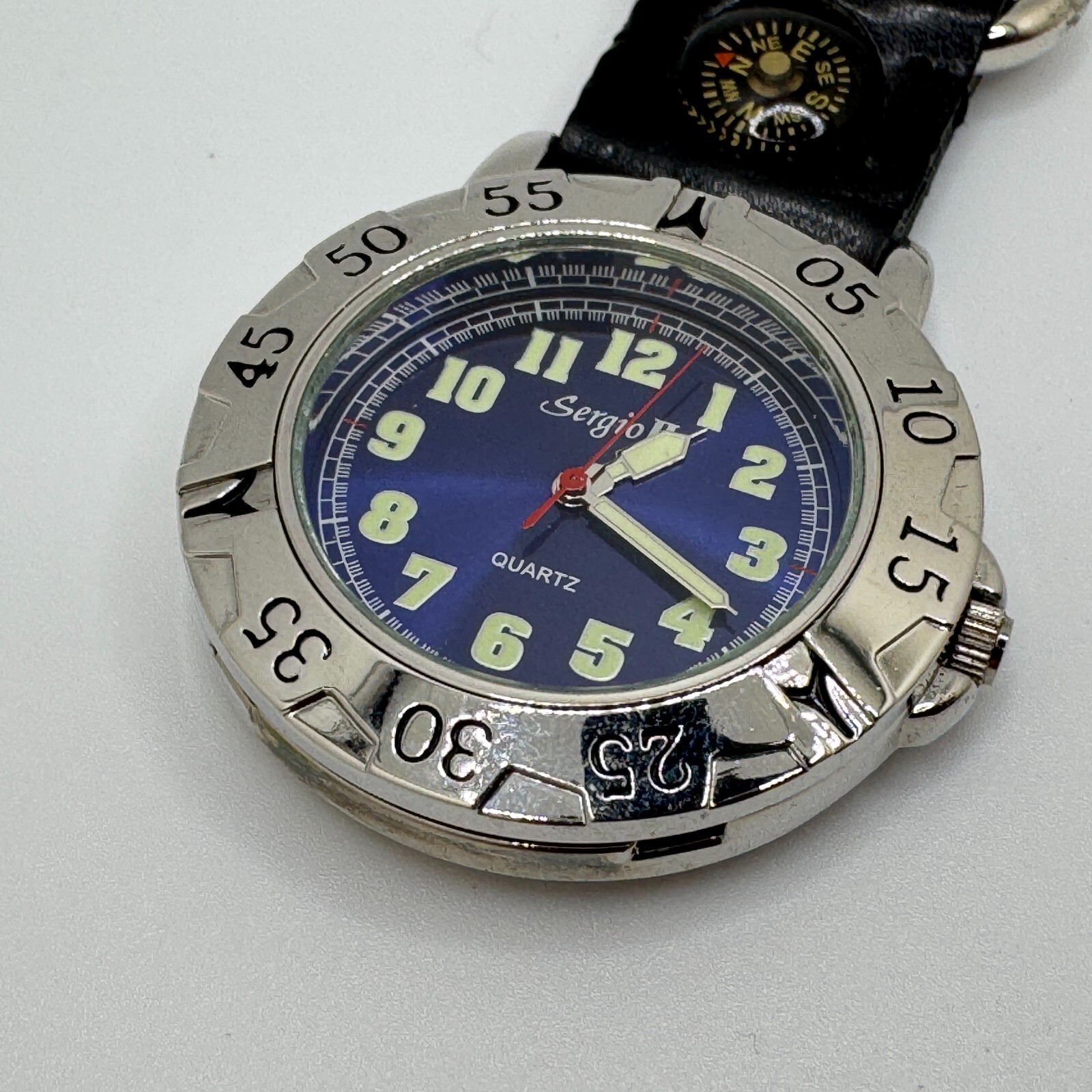 Sergio II Quartz Pocket Watch Men Silver Blue Rotating Bezel Snap-on New Battery