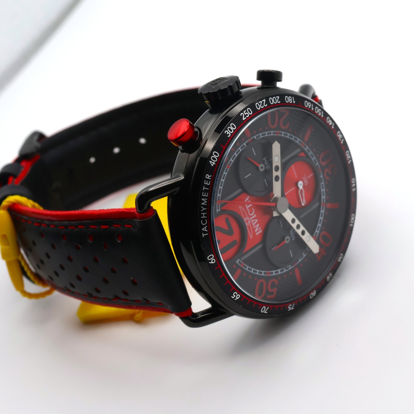 Invicta Racing Chronograph 49366 44mm Black Red Dial Leather Strap Date Quartz