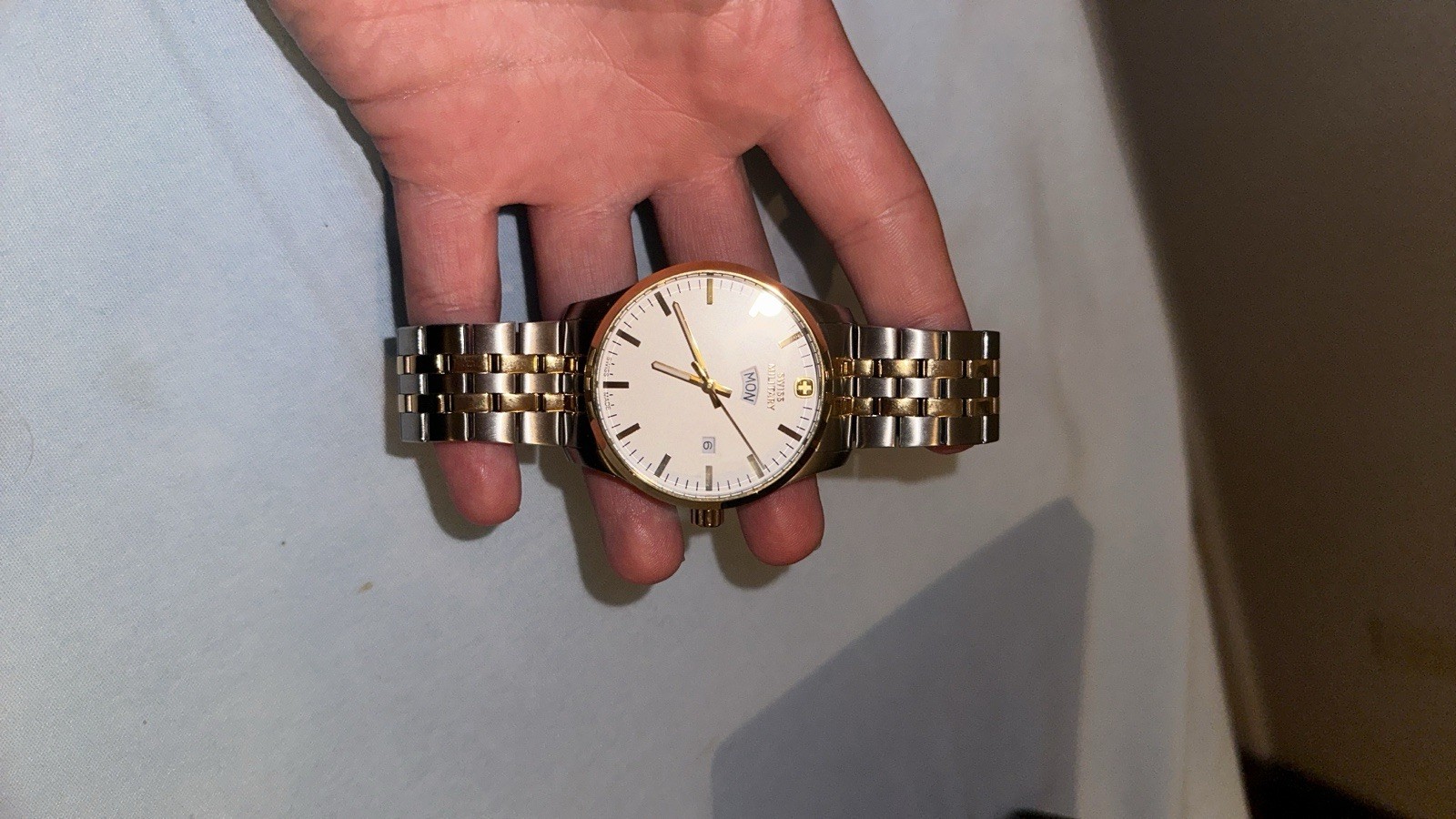 Swiss Military Men’s Two-Tone Quartz Day/Date Watch White Dial 50m Box Papers