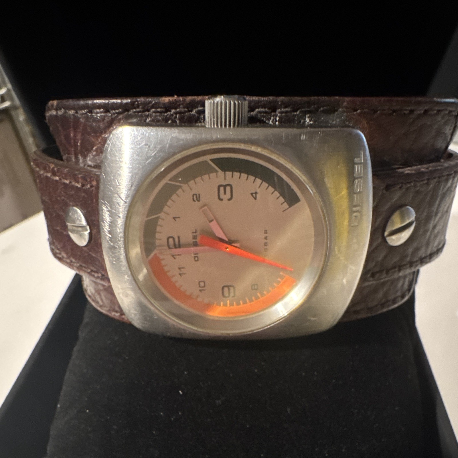 Diesel Quartz Analog Square Silver Case Brown Leather Strap Gray/Orange Dial Box