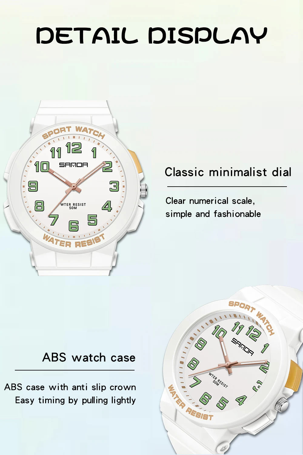 Sanda 6123 Trendy Design Soft Student Watch TPU Strap 50M Depth Waterproof