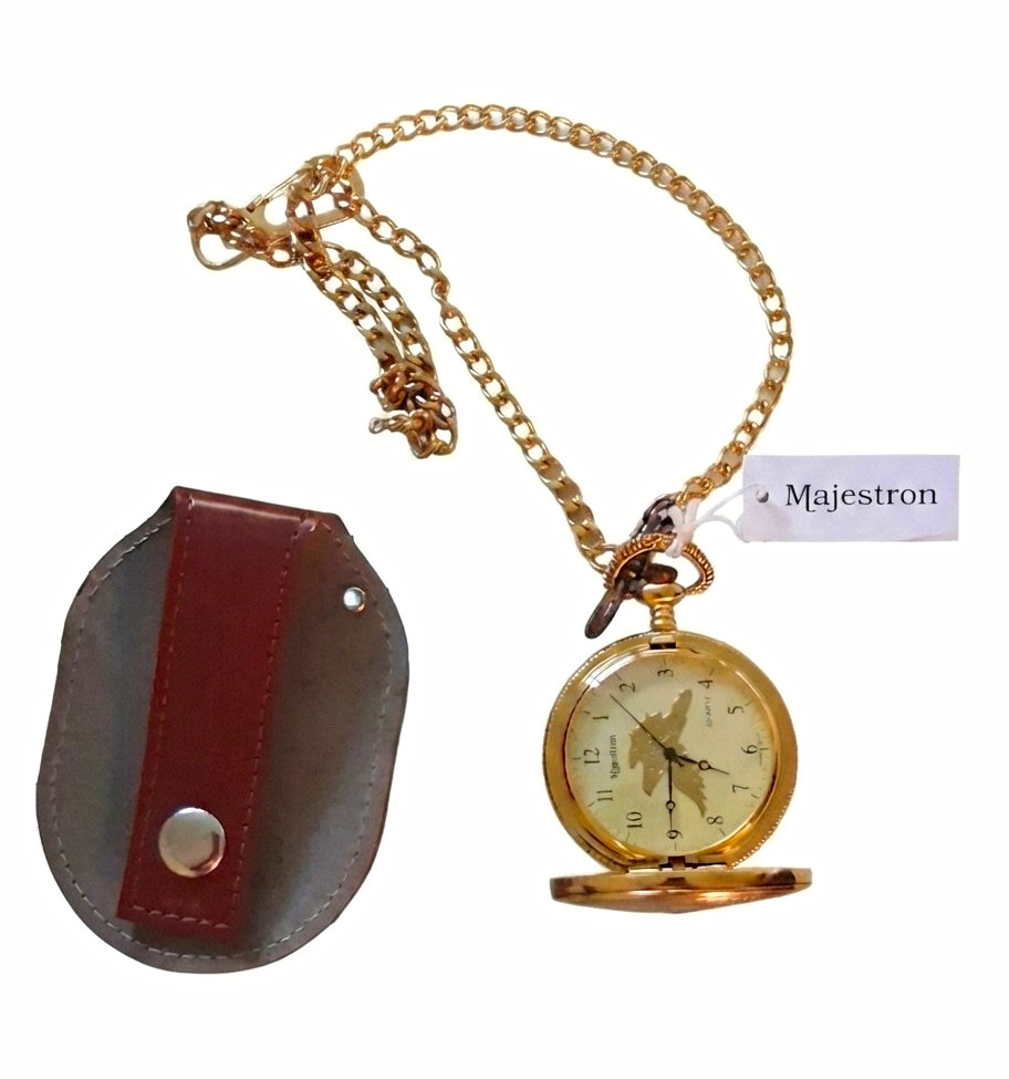 Majestron Full Hunter Quartz Pocket Watch Birds Theme w/ Chain Box Manual