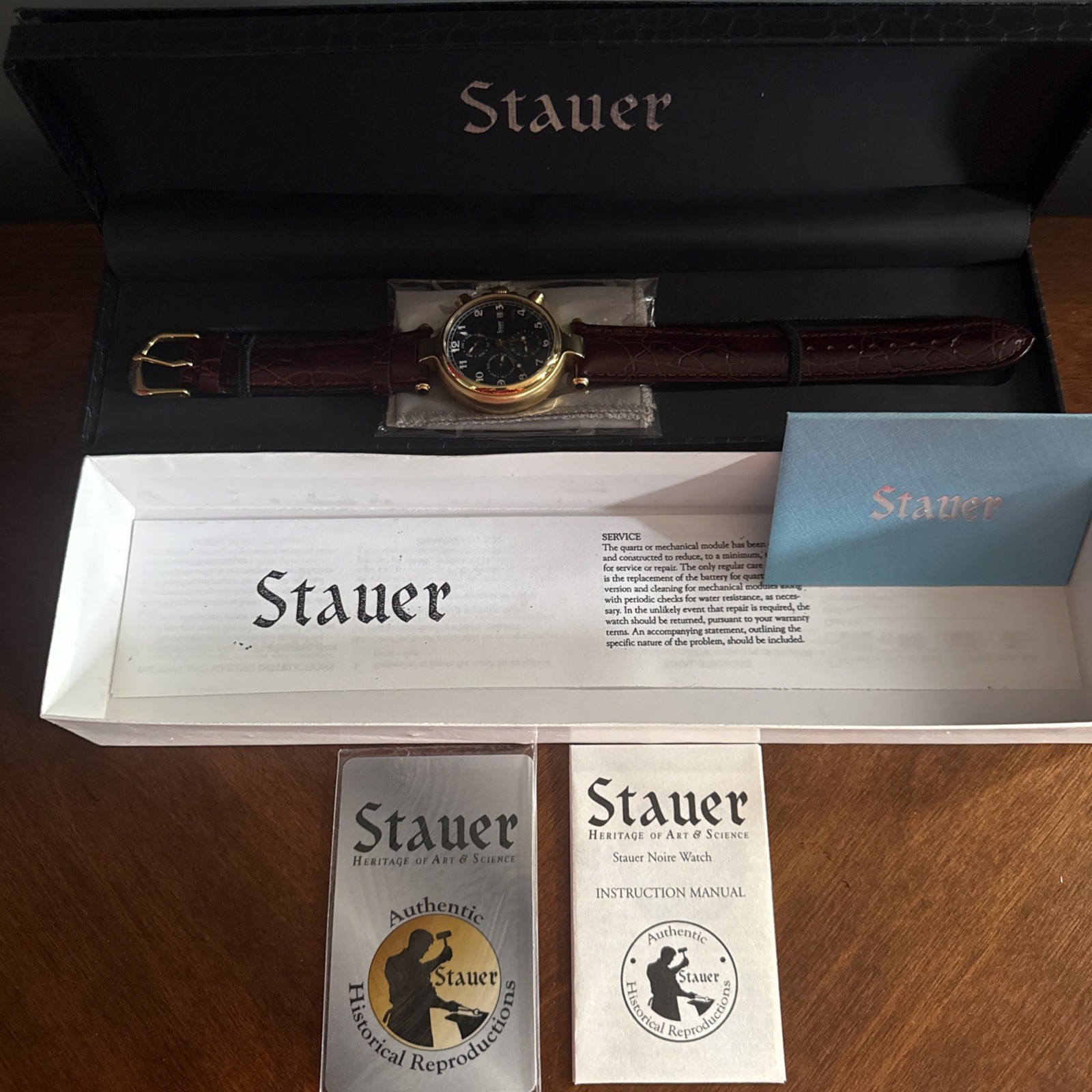 Stauer Black Noire Moonphase 22kt Gold Fused 27-Jewel Chrono Watch Immaculate